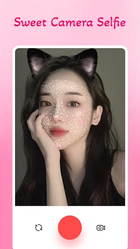 Sweet Camera Selfie app with cat ears filter - black cat ears and sparkly glitter face effect with capture button