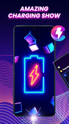 Neon blue lightning bolt battery charging animation displayed on smartphone with glowing purple wavy background effects