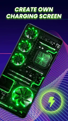 Green neon tech circuit board charging screen animation with digital effects on smartphone