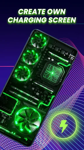 Green neon tech circuit board charging screen animation with digital effects on smartphone