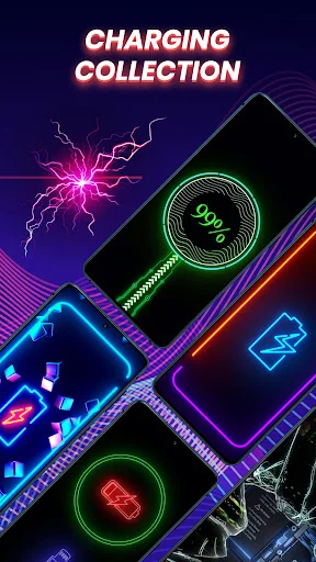 Collection of multiple neon charging animations including pink lightning, green snake, and red heart effects