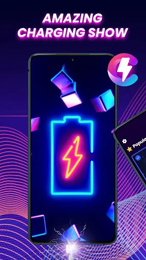 Neon blue lightning bolt battery charging animation displayed on smartphone with glowing purple wavy background effects