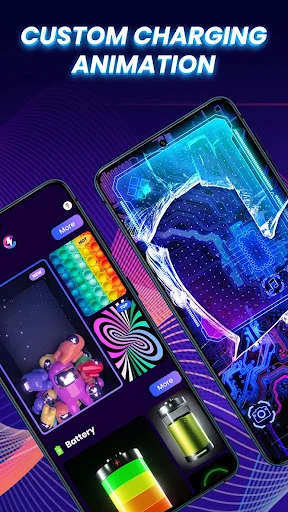 Multiple customizable charging animations including rainbow battery indicator and cosmic neon effects on phones