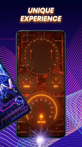 Orange neon circuit board battery charging animation with tech elements displayed on smartphone screen