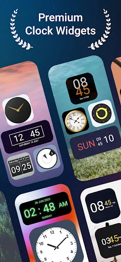 Premium Clock Widgets showcase with customizable analog and digital clock designs in multiple colors and styles for home screen personalization