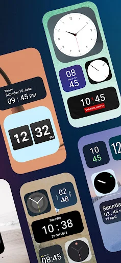 Customizable Clock Widget variations featuring analog and digital clocks in diverse colors, sizes, and layout options for home screen