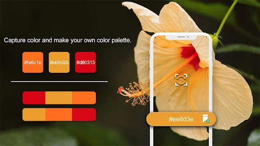Flower image with color picker selecting colors, displaying hex codes and saved color palette swatches