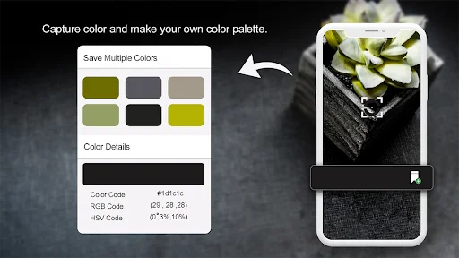 Color Detector app showing saved color palette grid and detailed color information with hex, RGB, and HSV codes