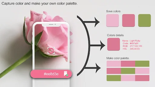 Pink flower image demonstrating color picker, individual color details, and creating custom multi-color palettes