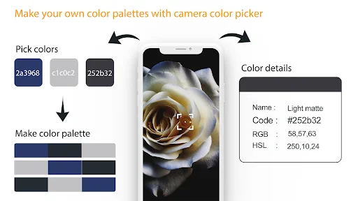 Rose image with color picker tool showing selected color codes, details panel, and color palette creation interface