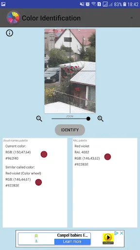 Color Identification app showing house photo with zoom controls, identified red color values, and similar color shade comparisons