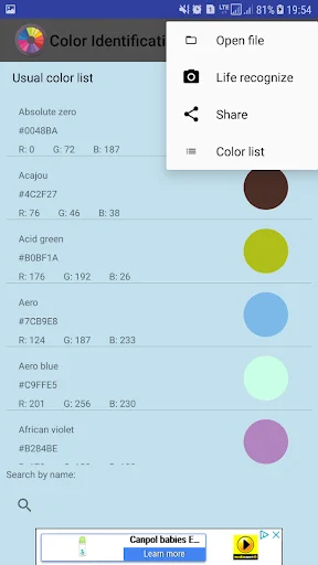 Color Identification app menu overlay with options for Open file, Live recognize camera capture, Share, and Color list management