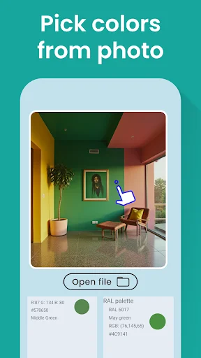 Color Identification app screen showing colorful interior room with Open file button and extracted color palette with HTML and RAL codes