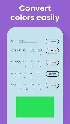 Color Identification app color converter feature showing HEX, RGB, HSV, HSL, CMYK format conversions with large green color preview square