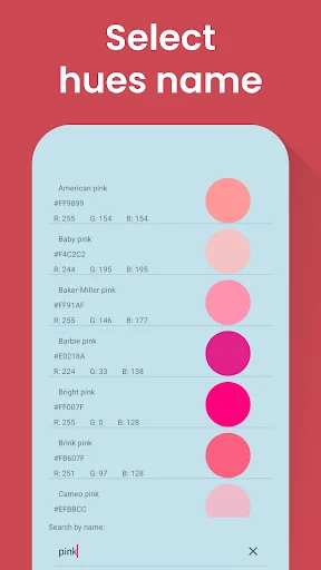 Color Identification app list of pink color variations with hue names, hexadecimal codes, RGB values, and similar color options