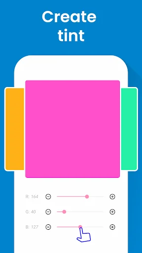 Color Identification app tint creator showing large magenta color square with RGB sliders for adjusting red, green, and blue values