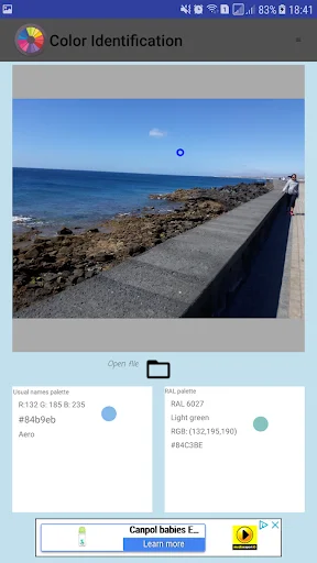Color Identification app displaying coastal beach scene with identified blue color values, RGB codes, and matching similar colors