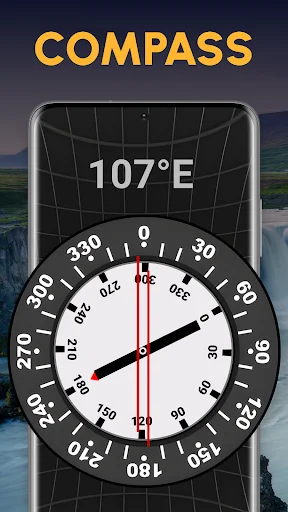 Accurate Compass app showing magnetic compass dial with 107°E heading reading and degree markers