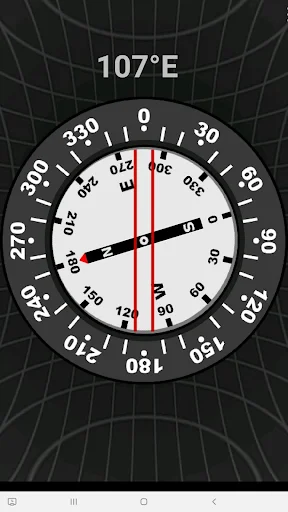 Accurate Compass magnetic compass showing 107°E east bearing with needle pointing east