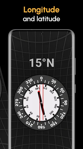 Accurate Compass app longitude and latitude feature displaying 15°N coordinate with compass dial