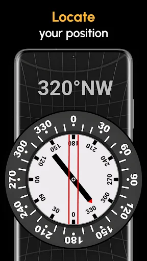 Accurate Compass locate position feature showing 320°NW bearing on magnetic compass dial