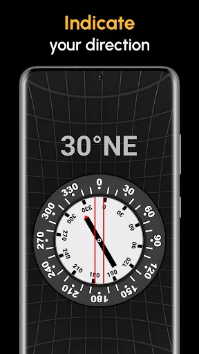 Accurate Compass indicate direction feature displaying 30°NE heading on magnetic compass