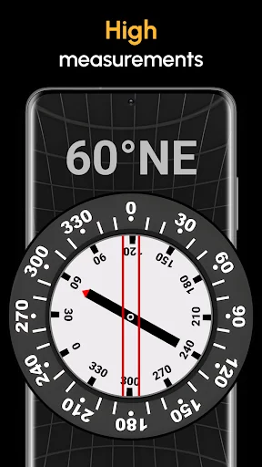 Accurate Compass high measurements feature showing 60°NE direction on magnetic compass dial