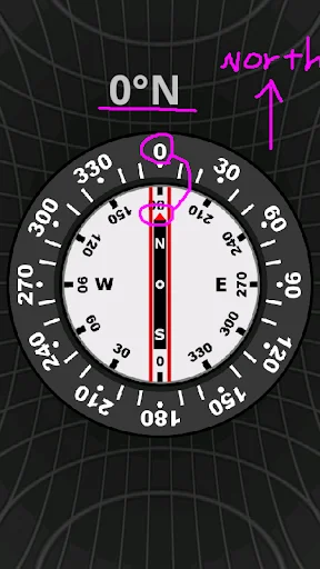 Accurate Compass compass dial showing 0°N north with cardinal directions highlighted in magenta