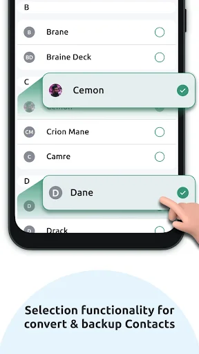 Contact selection interface with alphabetical contact list and checkboxes for bulk backup actions