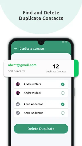 Duplicate Contacts finder showing 12 duplicate contacts with selection checkboxes and delete duplicate button