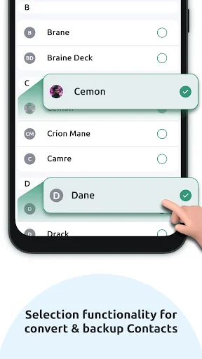 Contact selection interface with alphabetical contact list and checkboxes for bulk backup actions