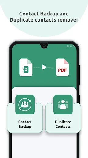 Contact Backup & Cleaner app home screen with Contact Backup and Duplicate Contacts remover options
