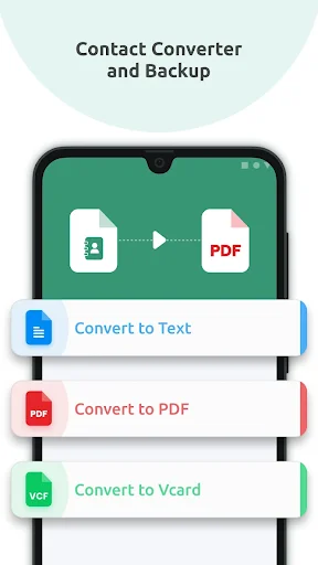 Contact Converter menu with three options: Convert to Text, Convert to PDF, and Convert to VCard