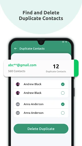 Duplicate Contacts finder showing 12 duplicate contacts with selection checkboxes and delete duplicate button