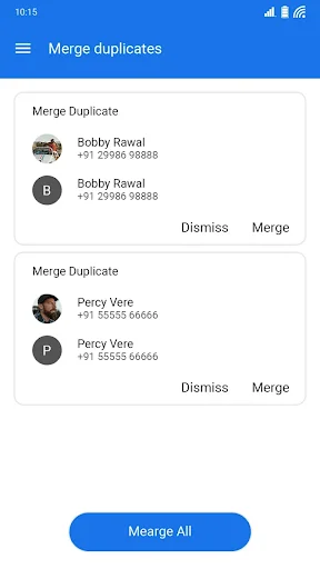 Merge duplicates feature detecting and displaying duplicate contact entries with individual merge or dismiss options