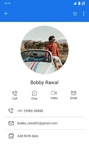 Individual contact profile for Bobby Rawal with large photo, quick action buttons for call chat video email, and contact details
