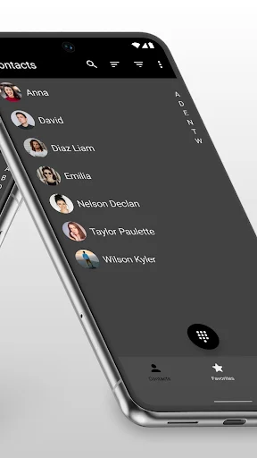 Contacts app alphabetical contact list view with avatar thumbnails and interactive action options