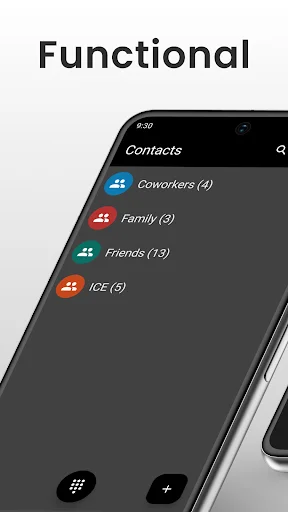 Contacts organized into groups: Coworkers (4), Family (3), Friends (19), and ICE (5) with category icons