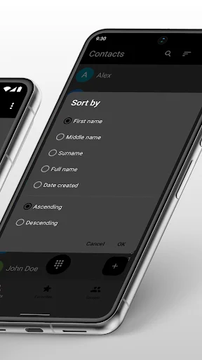 Contact sort menu with options to arrange contacts by first name, surname, date created, ascending or descending order