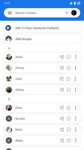Light theme contacts list showing profile pictures, search functionality, add favorites option, and quick action buttons
