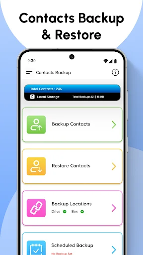 Main menu of Contacts Backup & Restore app showing total contacts count and four options: Backup Contacts, Restore Contacts, Backup Locations, and Scheduled Backup with storage status indicators