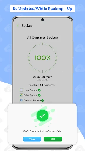 Backup completion screen displaying 100% progress with 2460 contacts successfully backed up to Local Storage, Drive, and Dropbox services