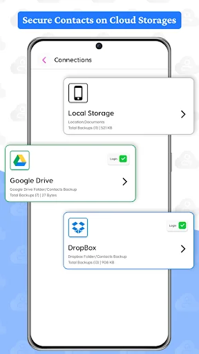 Secure Contacts on Cloud Storages screen displaying connection options for Local Storage, Google Drive, and Dropbox with backup status information