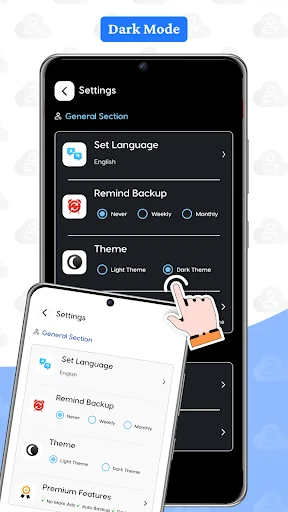 Dark Mode Settings interface showing language selection, backup reminder frequency options, and theme toggle between Light Theme and Dark Theme modes