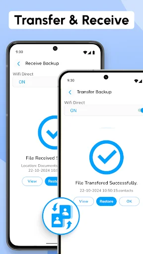 Transfer & Receive feature demonstrating WiFi Direct contact transfer between two devices with file transfer success confirmations and timestamps