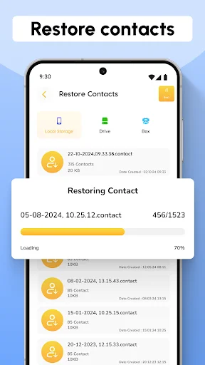Restore Contacts screen displaying backup file selection with progress bar showing 70% restoration status and contact loading from dated backup file