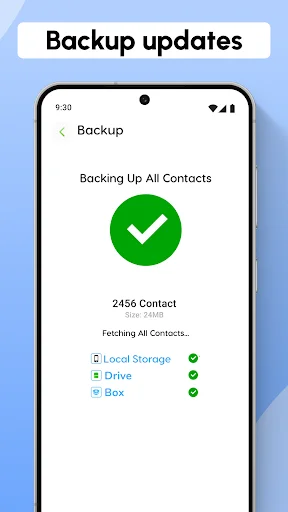 Backup Updates screen confirming successful backup of 2456 contacts to Local Storage, Drive, and Box with green checkmarks indicating completion