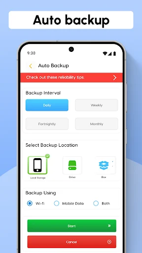 Auto Backup settings screen with backup interval options (Daily, Weekly, Fortnightly, Monthly), cloud storage selection (Local, Drive, Box), and connection type preferences
