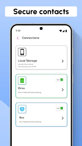 Connections screen showing secure contact backup options for Local Storage, Google Drive, Box, and Dropbox with storage status and user login indicators