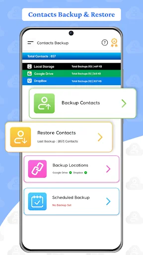 Contacts Backup & Restore main dashboard displaying total contact count, storage information, and menu options for backup, restore, locations, and scheduling